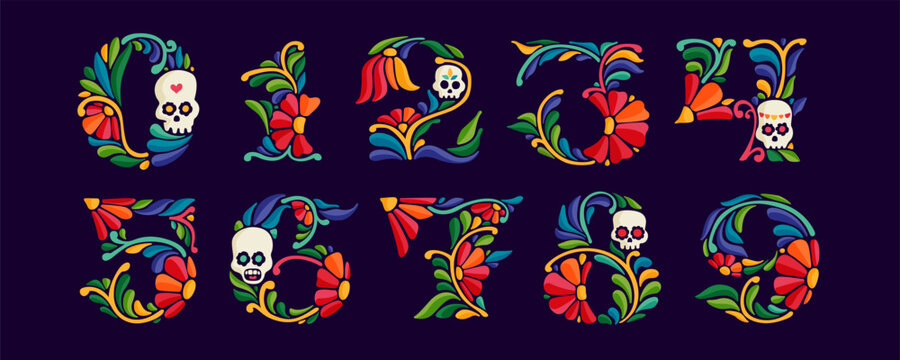 0 to 9 logo. Numbers set with Mexican colorful and ornate ethnic pattern. Traditional Aztec leaves and flowers embroidery ornament.