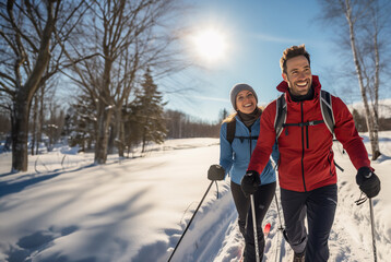 Sporty couple cross country skiing on a sunny winters day. Active lifestyle and fitness during the winter months. Shallow field of view - obrazy, fototapety, plakaty
