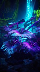 creative fluorescent color layout with tropical leaves, flat lay neon glow. concept, generative AI