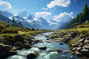 Spectacular vista, Mountains, lakes, and hiking trail natures marvels converge in picturesque landscape Generative AI