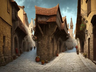 Sunny street of ancient medieval city, Generative AI Illustration