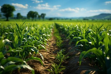 Obraz premium Sprouting corn lines private field, lush green rows grace agricultural landscape Generative AI