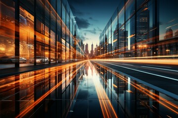 Fototapeta premium Stillness near glass building, blurred road hints at urban dynamism yet tranquility Generative AI