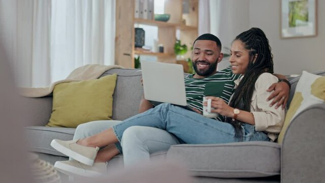 Couple, laptop and relax with coffee on sofa in living room for love, movies and streaming internet show. Happy woman, man and hug with computer on social media, subscription blog and online shopping