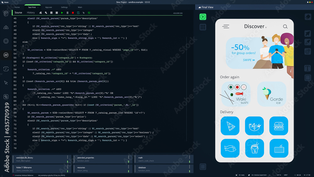 Fototapete Dark Programming Interface for Mobile Applications UX, UI Development With Lines of Code. Coding Process Behind Food Delivery App Design. Template for Desktop Computer Displays and Laptops.