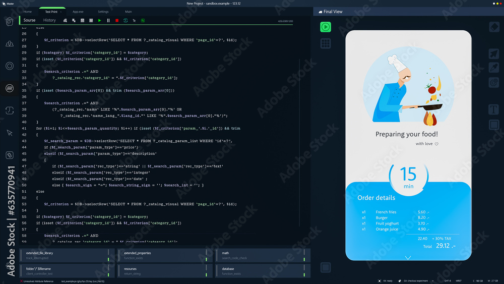Poster Dark Programming Interface for Mobile Applications UX, UI Development With Lines of Code. Coding Process Behind Food Delivery App Design. Template for Desktop Computer Displays, Laptops.
