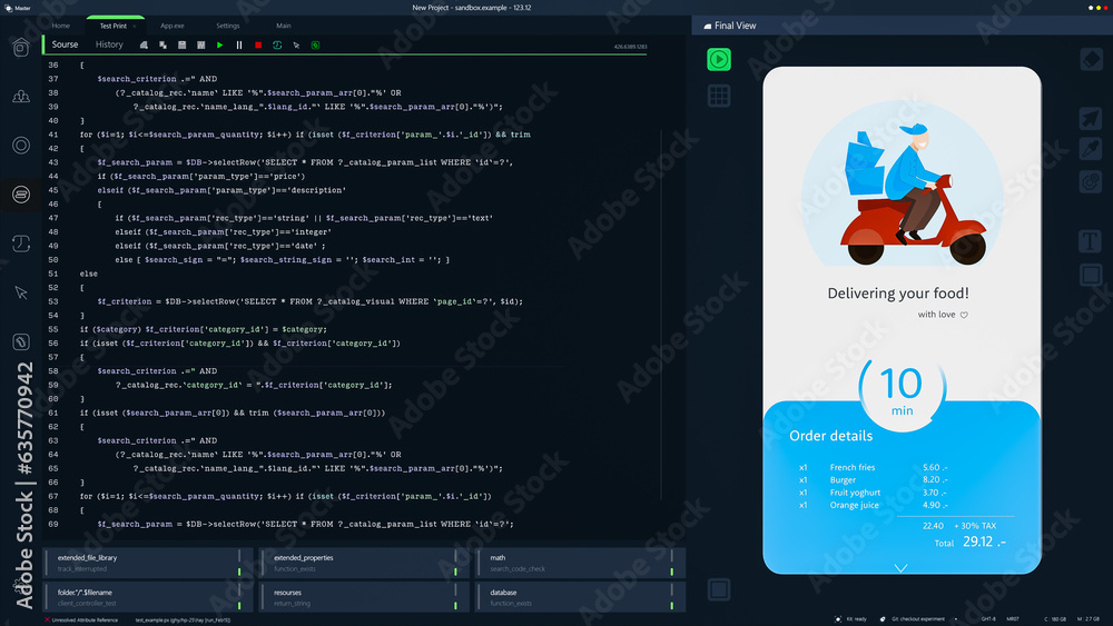 Fototapete Dark Programming Interface for Mobile Applications UX, UI Development With Lines of Code. Coding Process Behind Food Delivery App Design. Template for Desktop Computer Displays or Laptops.