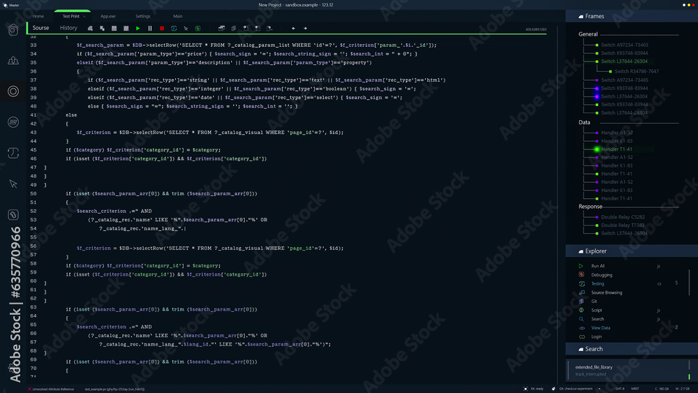 Fototapete Developer Software Code Mock-up with Generic Programming Language. Dark Interface With Multiple Prompts On Monitor. Night Mode Template for Desktop Computer Displays and Laptop Screens.