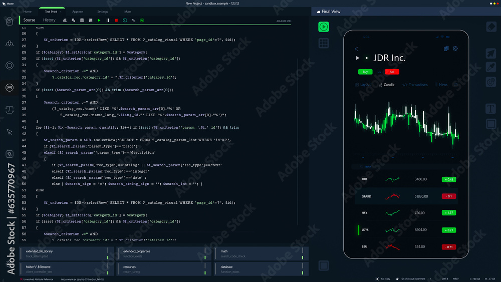 Poster Dark Programming Interface for Mobile Applications UX, UI Development With Lines of Code. Coding Process Behind Investment Platform App Design. Template for Desktop Computer Displays, Laptops.