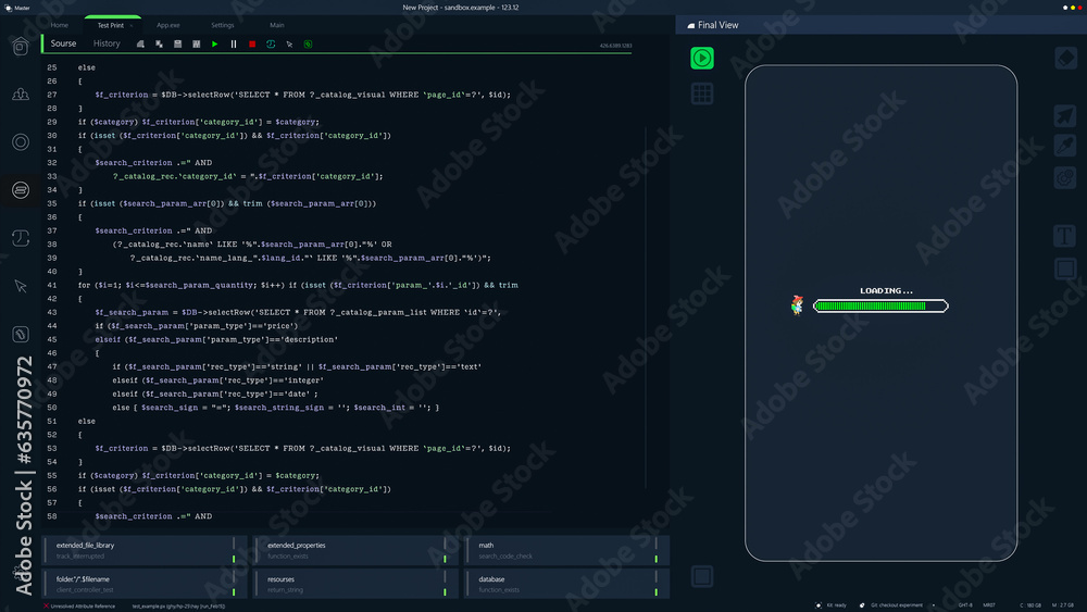 Fototapete Dark Programming Interface for Mobile Applications UX, UI Development With Lines of Code. Coding Process Behind Mobile 8 Bit Game Design. Template for Desktop Computer Displays and Laptops.