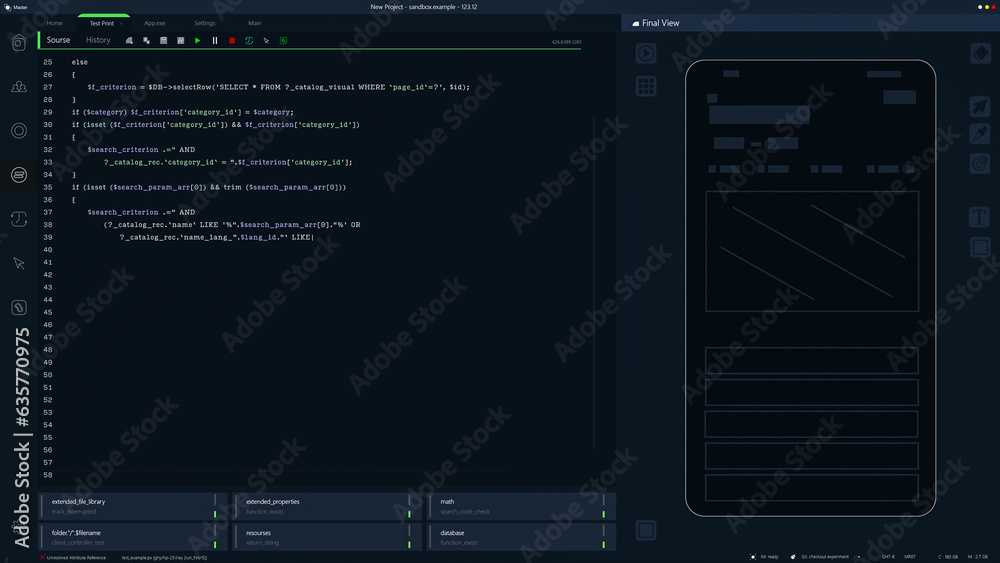 Poster Dark Programming Interface for Mobile Applications UX, UI Development With Lines of Code. Coding Process Behind Innovative App Design. Template for Desktop Computer Displays and Laptop Screens.