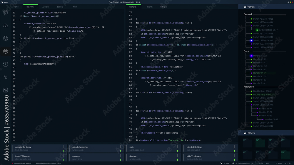 Fototapete Developer Software Code Mock-up with Generic Programming Language. Dark Interface with Multiple Windows Shows Coding Process, Debugging. Night Mode Template for Computer Displays and Laptop Screens.