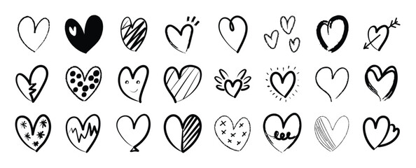 Set of heart doodle element vector. Hand drawn doodle style collection of different heart, love symbol. Illustration design for print, cartoon, card, decoration, sticker, icon, valentine day.