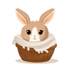 Obraz premium A brown and white rabbit sitting in a basket. Digital image. Pets, winter clipart.