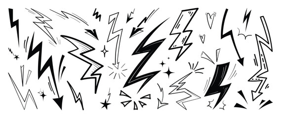 Set of thunderbolt doodle element vector. Hand drawn doodle style collection of different electric lightning bolt symbol. Illustration design for print, cartoon, card, decoration, sticker, icon.