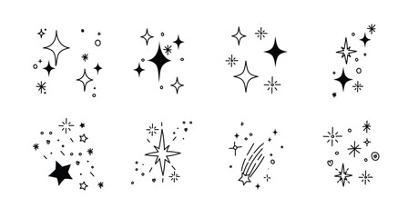 Set of cute sparkle doodle element vector. Hand drawn doodle style collection of different sparkle, firework, stars. Illustration design for print, cartoon, card, decoration, sticker, icon.