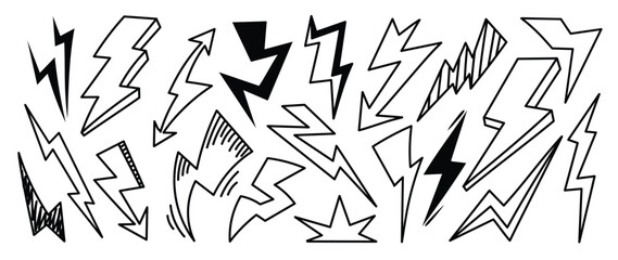 Set of thunderbolt doodle element vector. Hand drawn doodle style collection of different electric lightning bolt symbol. Illustration design for print, cartoon, card, decoration, sticker, icon.