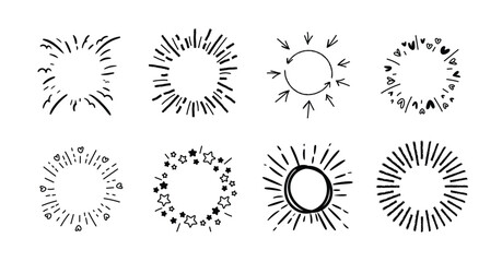 Set of cute starburst doodle element vector. Hand drawn doodle style collection of different starburst, sparkle, firework. Illustration design for print, cartoon, card, decoration, sticker, icon.