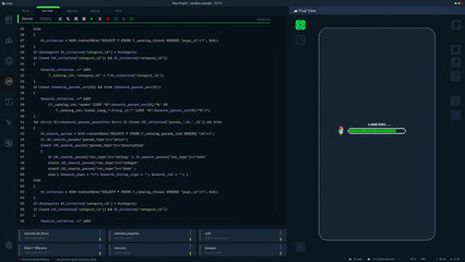 Dark Programming Interface for Mobile Applications UX, UI Development With Lines of Code. Coding Process Behind Mobile 8 Bit Game Design. Template for Desktop Computer Displays and Laptops.