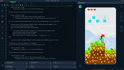 Dark Programming Interface for Mobile Applications UX, UI Development With Lines of Code. Coding Process Behind Mobile 8-Bit Game Design. Template for Desktop Computer Displays and Laptops.