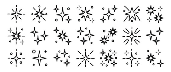 Set of cute sparkle doodle element vector. Hand drawn doodle style collection of different sparkle, firework, stars. Illustration design for print, cartoon, card, decoration, sticker, icon.