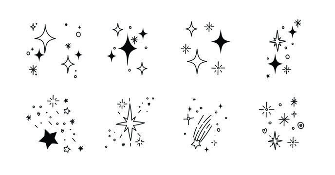 Set of cute sparkle doodle element vector. Hand drawn doodle style collection of different sparkle, firework, stars. Illustration design for print, cartoon, card, decoration, sticker, icon.