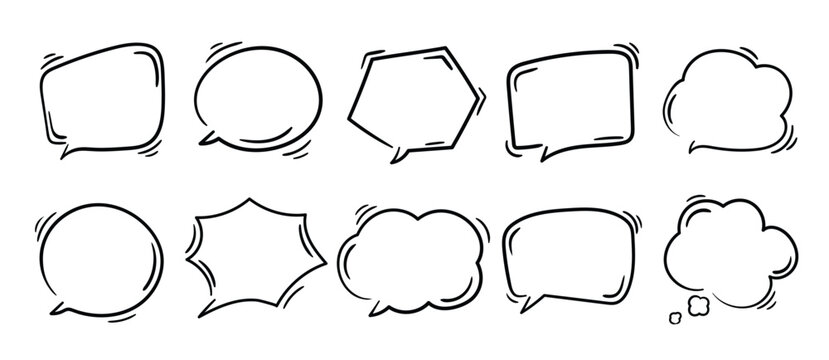 Set of speech bubble doodle element vector. Hand drawn doodle style collection of different speech bubble symbol. Illustration design for print, cartoon, card, decoration, sticker, icon.