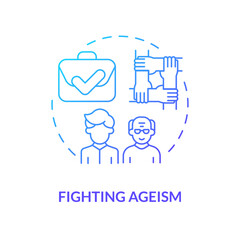 2D gradient fighting ageism thin line icon concept, isolated vector, blue illustration representing unretirement.