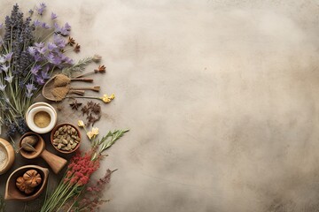 Fototapeta na wymiar Herbal apothecary aesthetic. Dry herbs and flowers on a beige background. With Generative AI technology