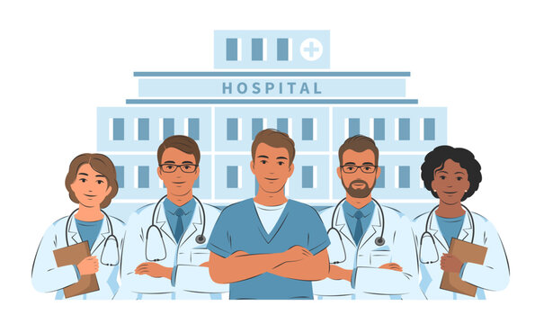 Different doctors on the background of the hospital building. Healthcare services, Ask a doctor.  Female and male doctor with stethoscope. Vector illustration.