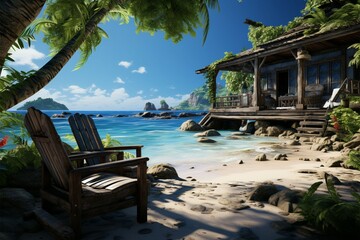 Tropical retreat Beach adorned with palm trees invites relaxation by the ocean Generative AI
