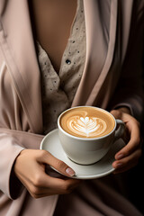 Stylish cup of coffee with foam design, held by elegant hands.