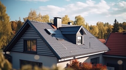 Roof of a new home. Ceramic chimney, metal roof tiles, gutters, roof window. TV antennas attached to the chimney. Single family house. generative ai - obrazy, fototapety, plakaty