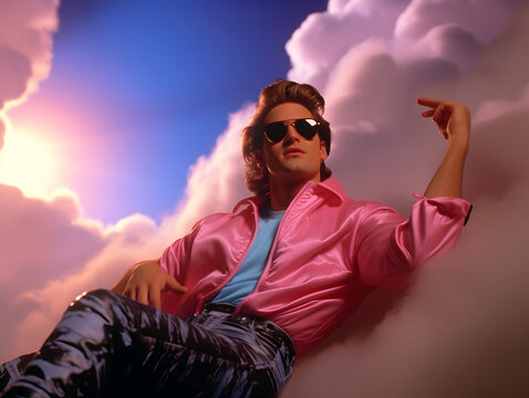 80s vibes on modern way,photo from music video from 80s,a man in a blue shirt and a pink jacket is lying on pink clouds, everything is about the eighties