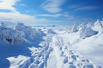 Uphill in snow Human footprints document determined climb through wintry hill Generative AI