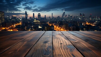 Obraz premium Urban horizon Wooden table under blurred night sky, city buildings softly illuminated Generative AI