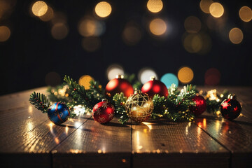 New Year celebration, table with a christmas tree and decorations gifts on it and bokeh starry lights blurred indoor background. Image created using artificial intelligence.