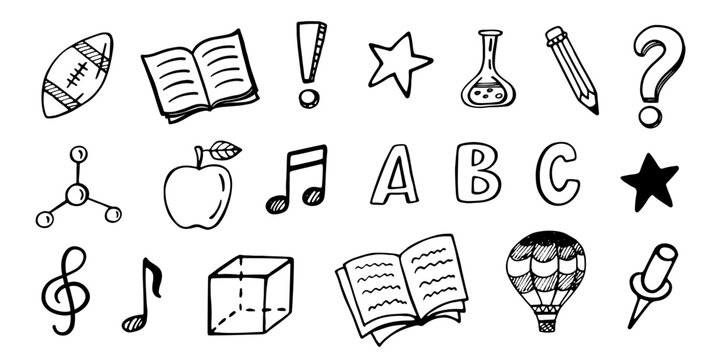 School supplies hand drawn vector doodle icons set