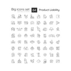 2D editable black big line icons set representing product liability, isolated vector, linear illustration.
