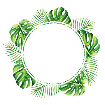 Watercolor frame and logo with realistic tropical illustration of monstera and palm isolated on white background. Beautiful botanical hand painted floral elements. For designers, spa decoration,