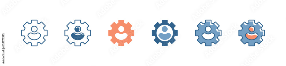 Poster Organization resource management gear icon set vector teamwork structure employee development control symbol illustration cogwheel business element design