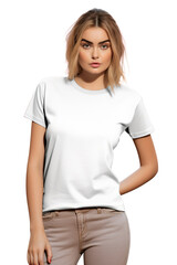 Fototapeta premium White t-shirt mockup for teens and young adults,female teen model wearing blank tshirt with space for your design, lettering or logo.