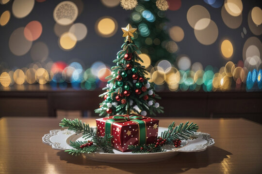 New Year celebration, table with a christmas tree and decorations gifts on it and bokeh starry lights blurred indoor background. Image created using artificial intelligence.