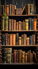 Old rustic books standing in a wooden shelf. 