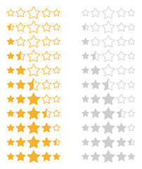 One to five star halfling feedback, review, rate us symbols. Star rating icon. One to five full and half full stars. stock illustration