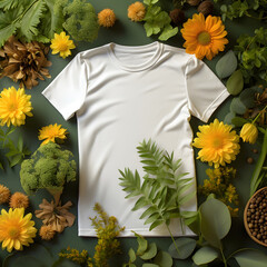 White TShirt Mockup Decorated with Fresh Flowers and Leaves