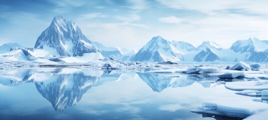 Fototapeta na wymiar Ice lake mountains landscape background. Winter arctic panorama. Generative AI technology.