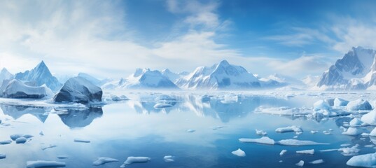 Ice mountains landscape background. Winter arctic panorama. Generative AI technology.