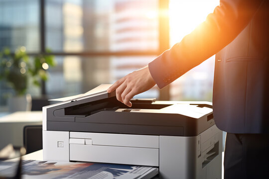 Businessman print paper on a multifunction laser printer in business office. Document and paperwork. Secretary work. Copy, print, scan, and fax machine. Print technology. Photocopy.