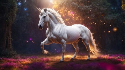 white unicorn in the mythical forest